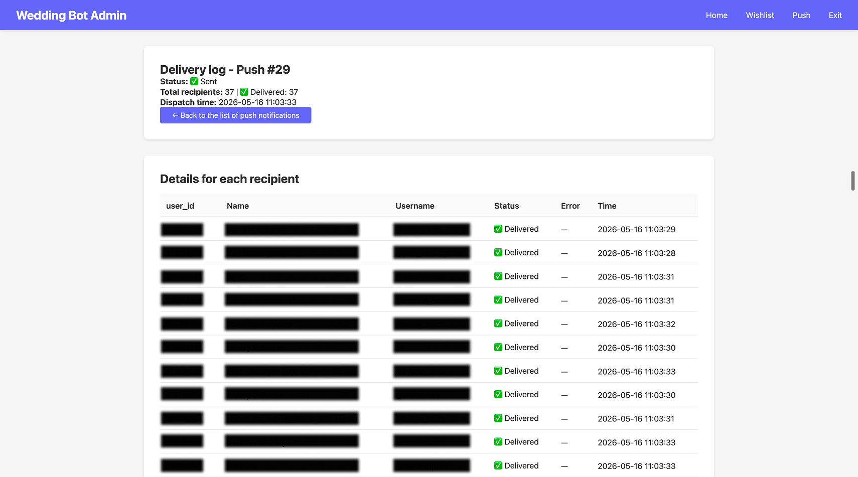 Wedding bot delivery log with recipient identities covered