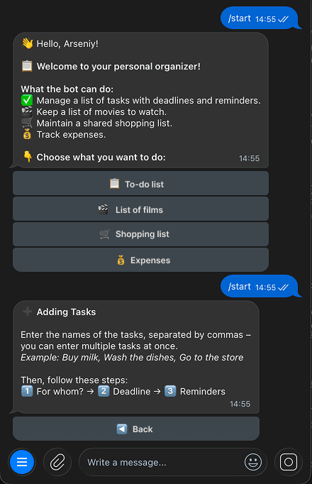 Shared organizer bot welcome with tasks, films and expenses